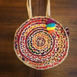 Round Straw Beach Bag with Pom Poms
